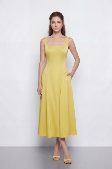 Kare Yaka A Kesim Midi Elbise - 2082