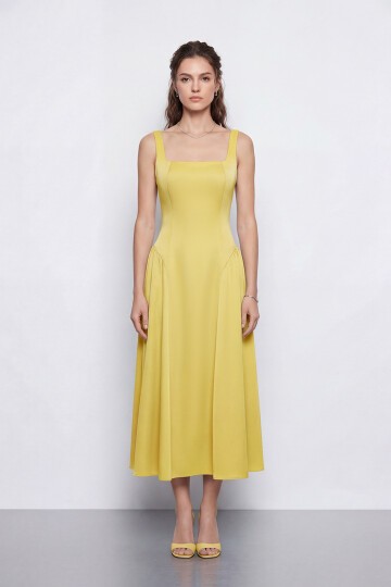 Kare Yaka A Kesim Midi Elbise - 2082