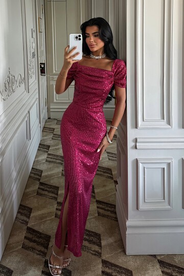 Kayık Yaka Payetli Yırtmaç Detaylı Elbise - 1708