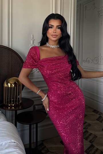 Kayık Yaka Payetli Yırtmaç Detaylı Elbise - 1708