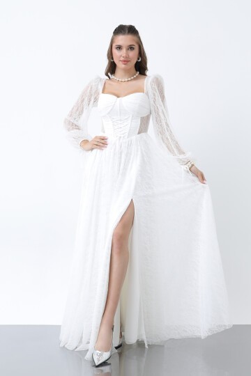 Korse Detaylı Dantelli Yırtmaçlı Elbise - 1946