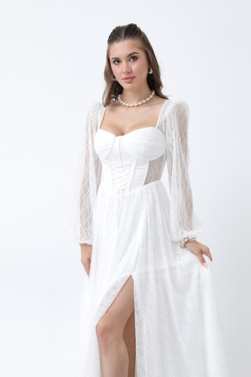 Korse Detaylı Dantelli Yırtmaçlı Elbise - 1946