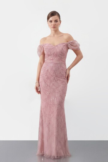 Omuz Açık Tül Kollu İşlemeli Uzun Abiye - 2132