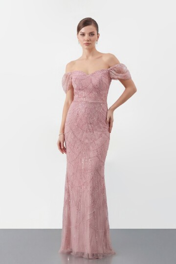 Omuz Açık Tül Kollu İşlemeli Uzun Abiye - 2132