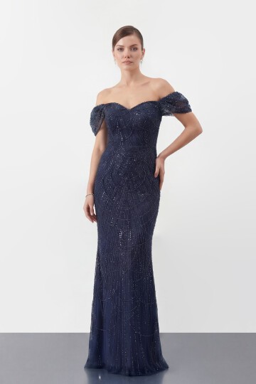 Omuz Açık Tül Kollu İşlemeli Uzun Abiye - 2132