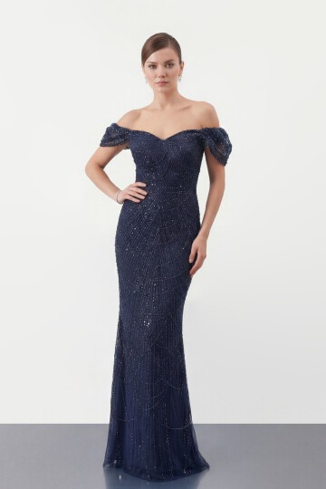 Omuz Açık Tül Kollu İşlemeli Uzun Abiye - 2132