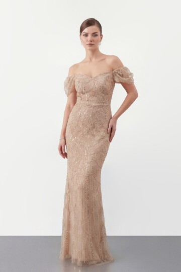 Omuz Açık Tül Kollu İşlemeli Uzun Abiye - 2132