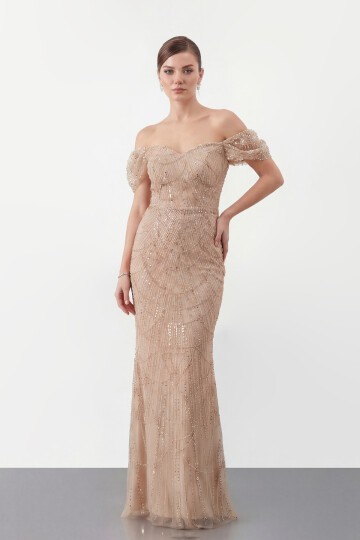 Omuz Açık Tül Kollu İşlemeli Uzun Abiye - 2132