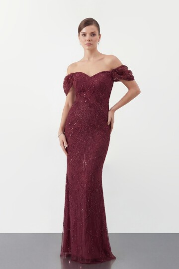 Omuz Açık Tül Kollu İşlemeli Uzun Abiye - 2132