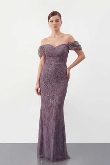 Omuz Açık Tül Kollu İşlemeli Uzun Abiye - 2132