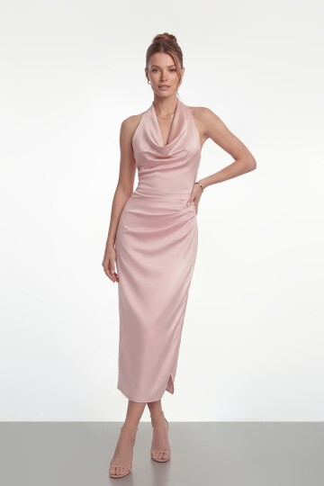 Saten Halter Yaka Drapeli Midi Abiye - 2084