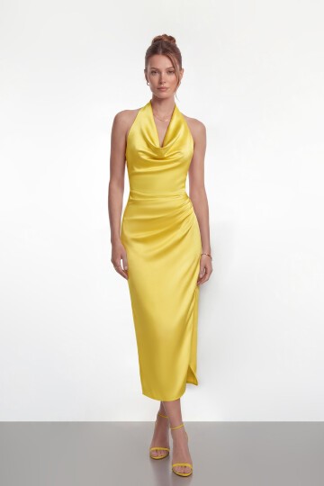 Saten Halter Yaka Drapeli Midi Abiye - 2084