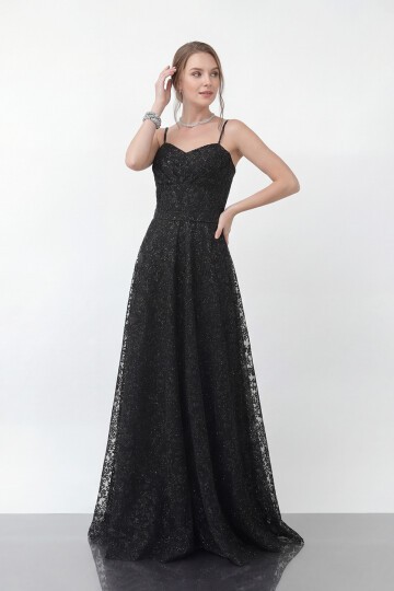 Simli Dantelli İp Askılı Uzun Abiye - 1960