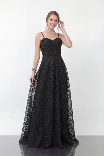 Simli Dantelli İp Askılı Uzun Abiye - 1960