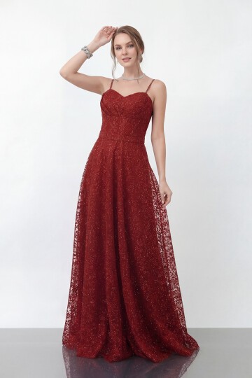 Simli Dantelli İp Askılı Uzun Abiye - 1960