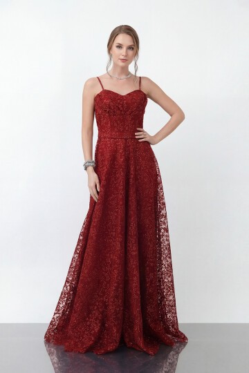 Simli Dantelli İp Askılı Uzun Abiye - 1960