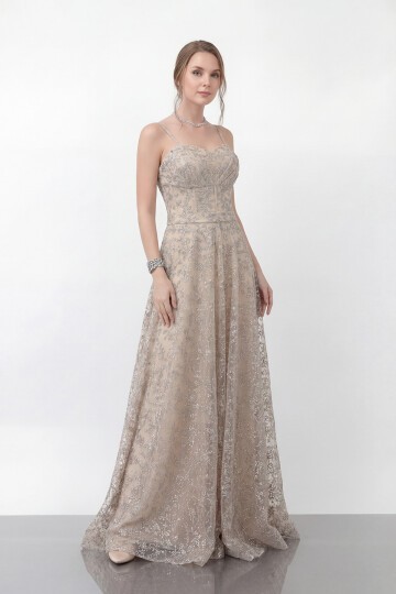 Simli Dantelli İp Askılı Uzun Abiye - 1960