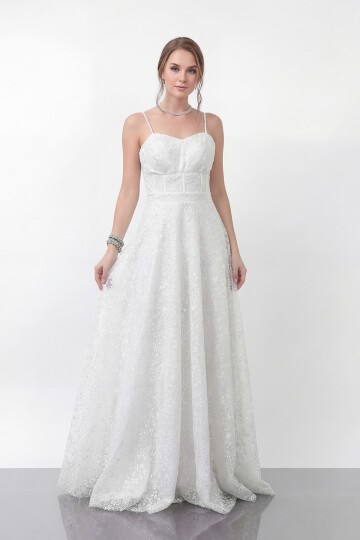 Simli Dantelli İp Askılı Uzun Abiye - 1960