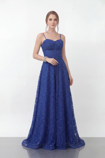 Simli Dantelli İp Askılı Uzun Abiye - 1960