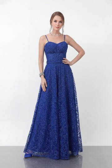 Simli Dantelli İp Askılı Uzun Abiye - 1960