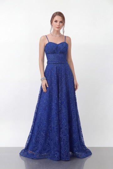 Simli Dantelli İp Askılı Uzun Abiye - 1960