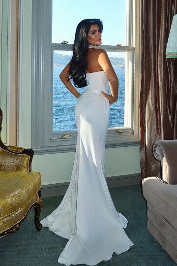 Straplez Taş Detaylı Yırtmaçlı Elbise - 1562