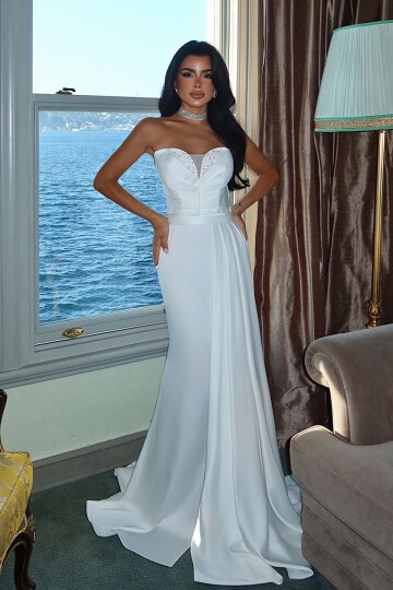 Straplez Taş Detaylı Yırtmaçlı Elbise - 1562