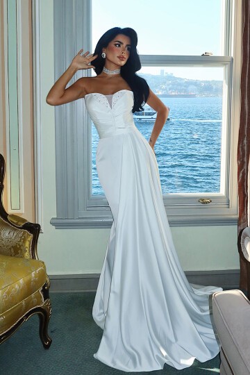 Straplez Taş Detaylı Yırtmaçlı Elbise - 1562