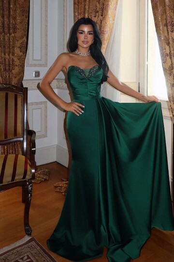 Straplez Taş Detaylı Yırtmaçlı Elbise - 1562