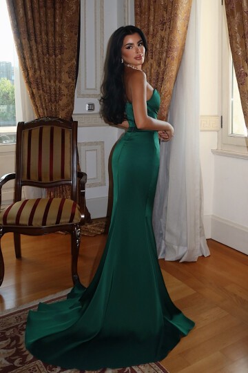 Straplez Taş Detaylı Yırtmaçlı Elbise - 1562