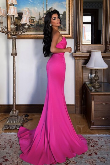 Straplez Taş Detaylı Yırtmaçlı Elbise - 1562