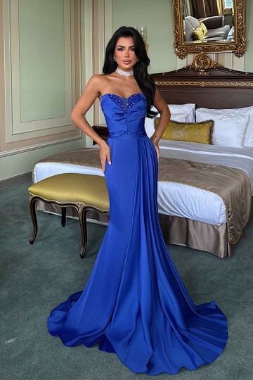 Straplez Taş Detaylı Yırtmaçlı Elbise - 1562