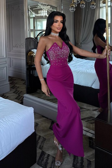 Straplez Taş İşlemeli Midi Elbise - 1850