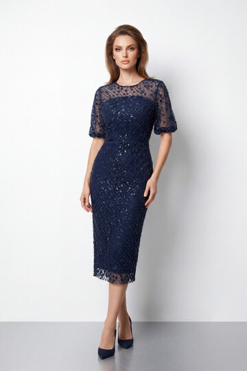 Tamamı İşlemeli Işıltılı Yarım Kol Midi Elbise - 2029
