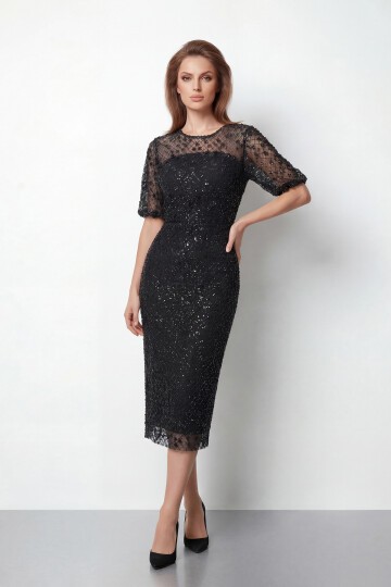 Tamamı İşlemeli Işıltılı Yarım Kol Midi Elbise - 2029