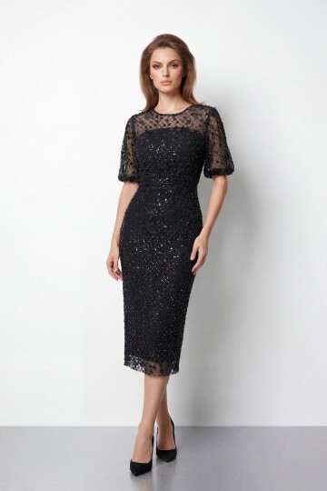 Tamamı İşlemeli Işıltılı Yarım Kol Midi Elbise - 2029