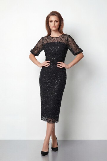 Tamamı İşlemeli Işıltılı Yarım Kol Midi Elbise - 2029