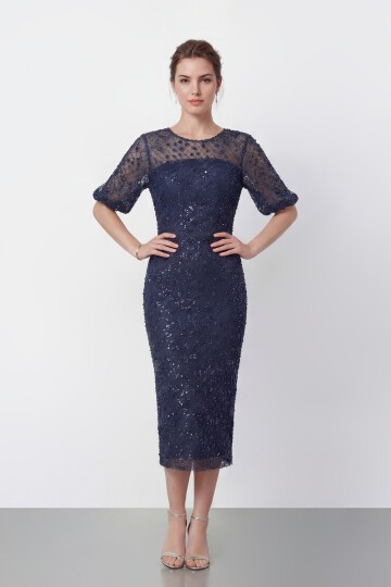Tamamı İşlemeli Işıltılı Yarım Kol Midi Elbise - 2029