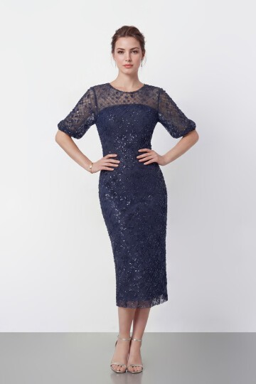Tamamı İşlemeli Işıltılı Yarım Kol Midi Elbise - 2029