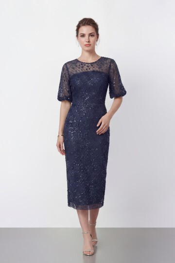 Tamamı İşlemeli Işıltılı Yarım Kol Midi Elbise - 2029