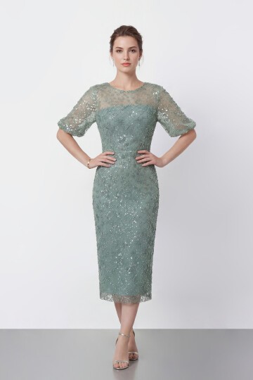 Tamamı İşlemeli Işıltılı Yarım Kol Midi Elbise - 2029