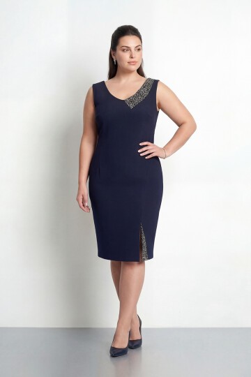 Taş Detaylı Asimetrik Büyük Beden Kalem Elbise - 2059