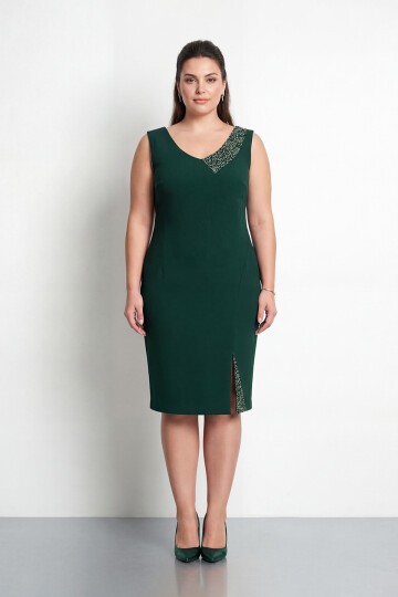 Taş Detaylı Asimetrik Büyük Beden Kalem Elbise - 2059