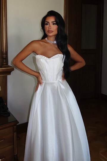 Taş Detaylı Straplez Midi Elbise - 1904