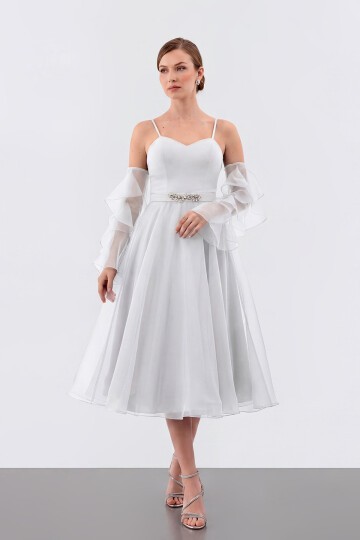 Volan Kollu İp Askılı Midi Elbise - 1993