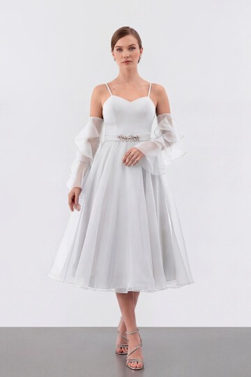 Volan Kollu İp Askılı Midi Elbise - 1993