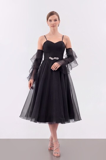 Volan Kollu İp Askılı Midi Elbise - 1993