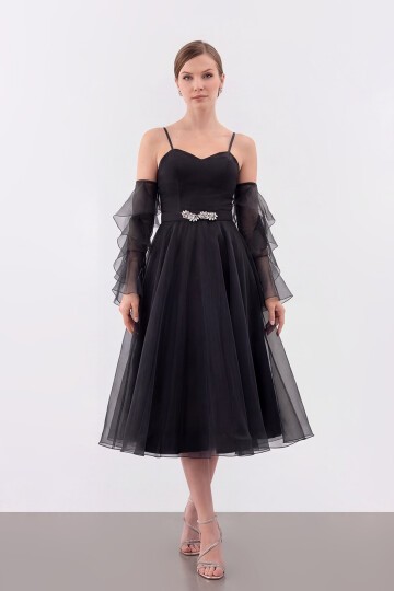 Volan Kollu İp Askılı Midi Elbise - 1993