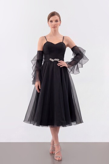 Volan Kollu İp Askılı Midi Elbise - 1993