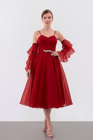 Volan Kollu İp Askılı Midi Elbise - 1993